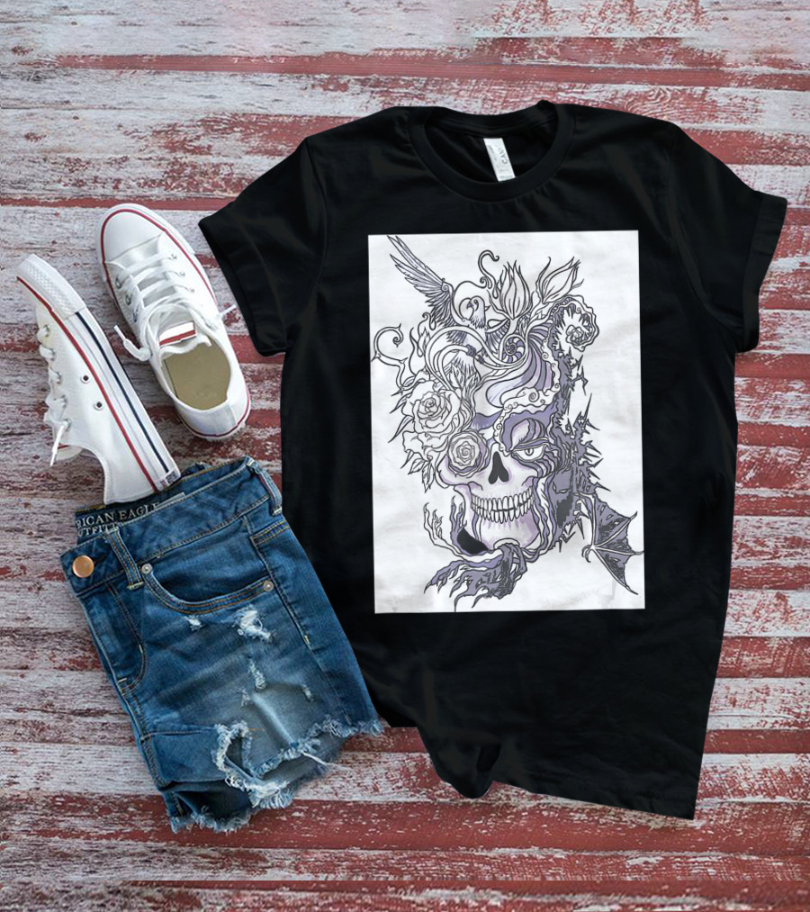 Evil Skull Bat Rose Wing T-Shirt