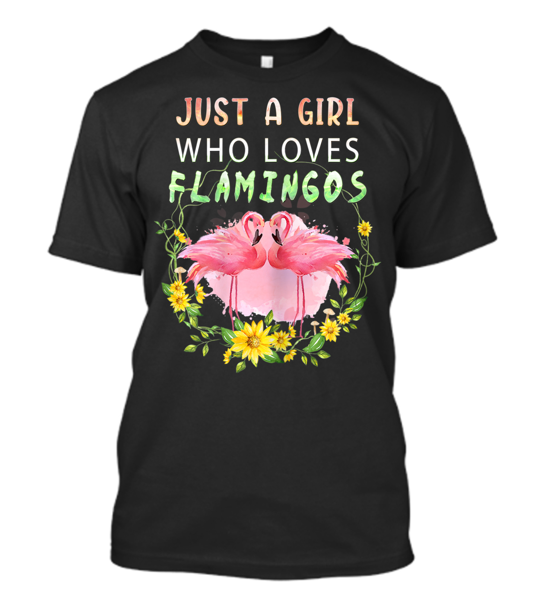 Just A Girl Who Loves Flamingos With Pink Flamingo Pair And Yellow Flowers T-Shirt