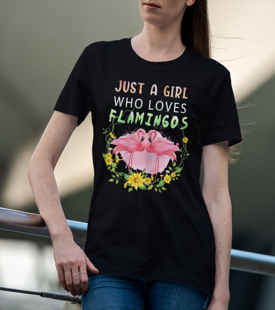 Just A Girl Who Loves Flamingos With Pink Flamingo Pair And Yellow Flowers T-Shirt