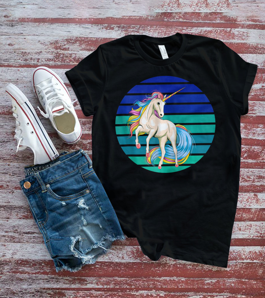 Girls Unicorn Rainbow Striped Sunset T-Shirt