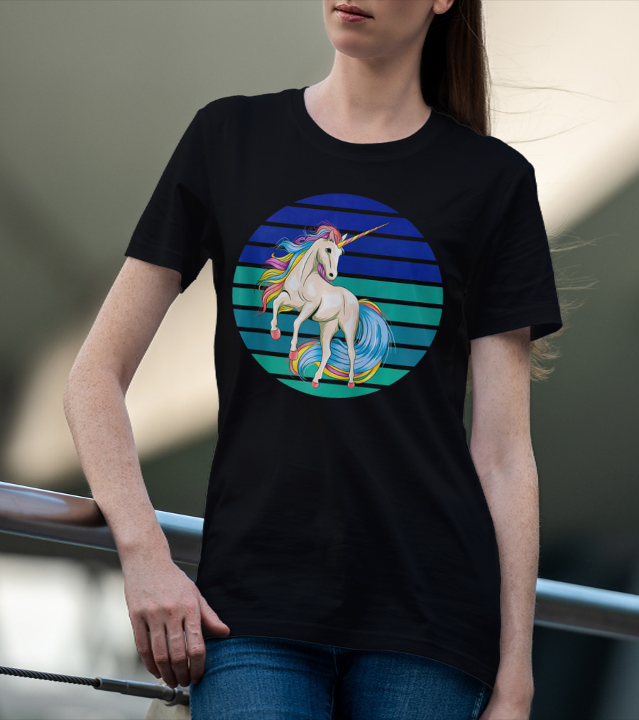 Girls Unicorn Rainbow Striped Sunset T-Shirt