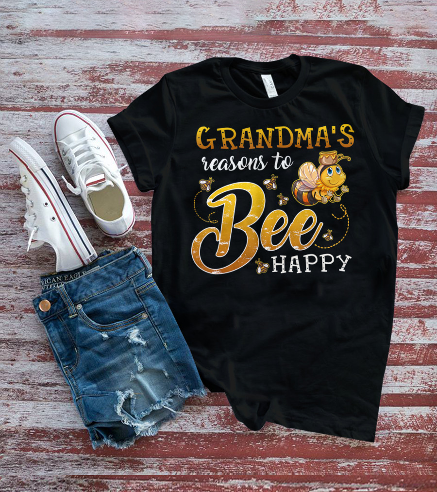 Grandma's Reasons To Bee Happy With Cute Cartoon Bee And Swarm T-Shirt