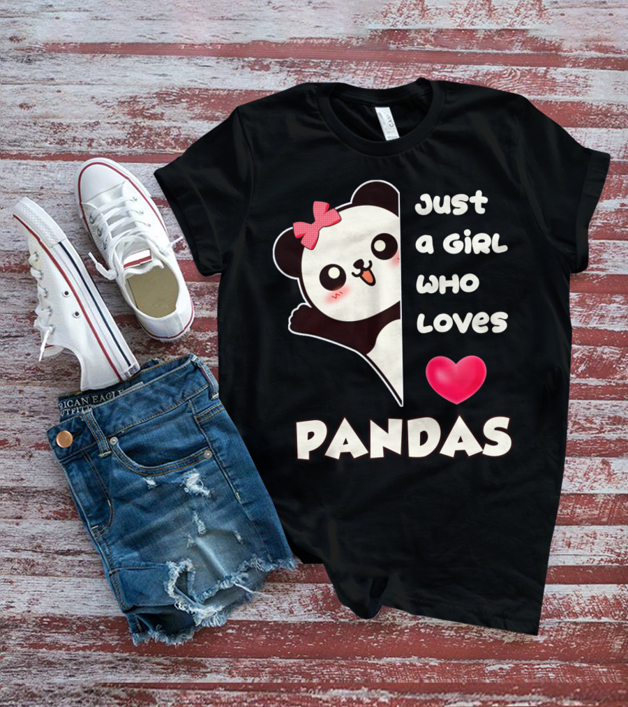 Just A Girl Who Loves Pandas Cute Kawaii Panda With Red Bow And Heart T-Shirt