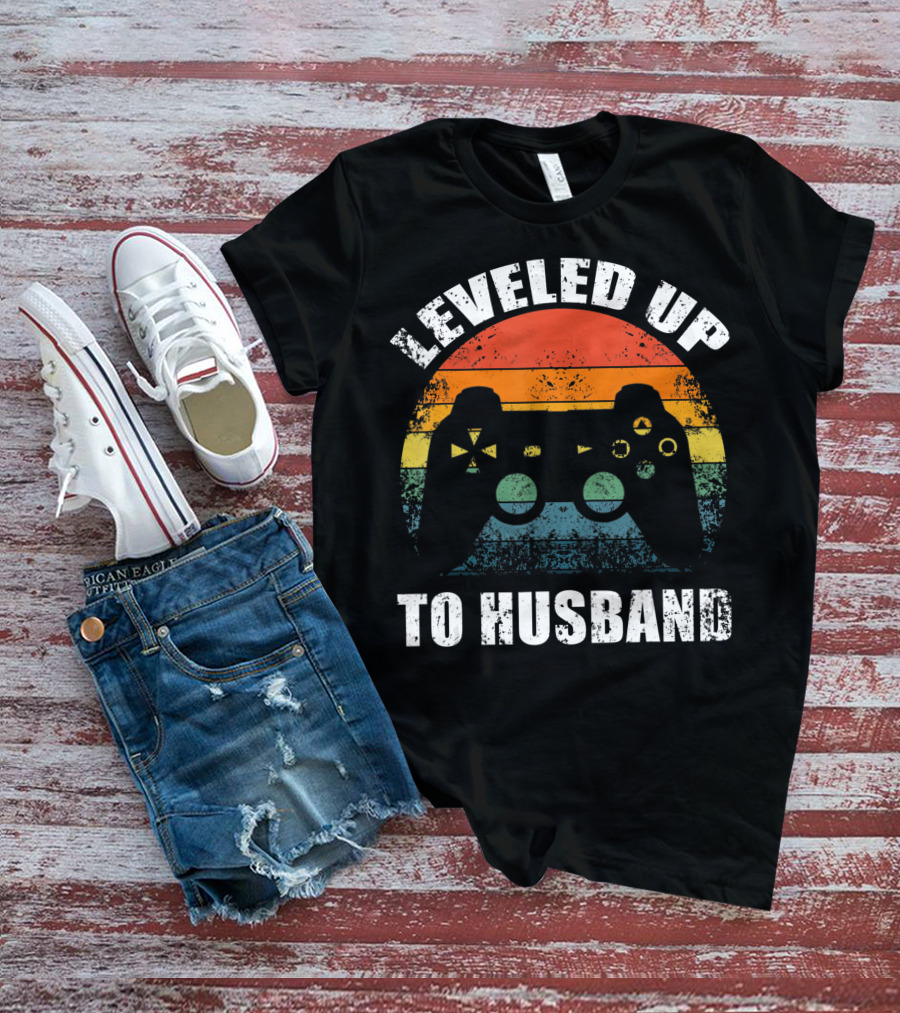 Leveled Up To Husband Retro Video Game Controller Wedding Announcement T-Shirt