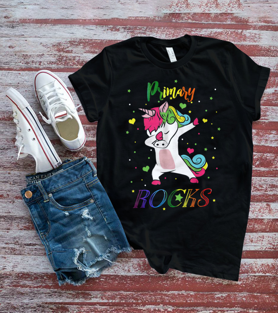 Primary Rocks Colorful Dabbing Unicorn With Hearts And Stars T-Shirt