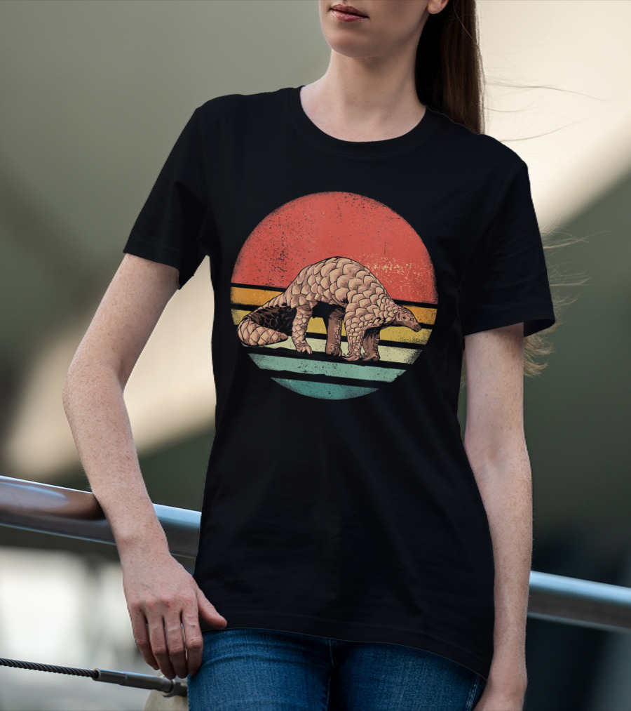 Retro Vintage Pangolin Nature Lover Sunset Stripes T-Shirt