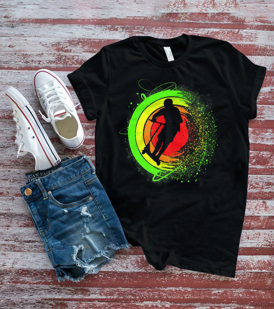 Scooter Stunt Action Silhouette In Vivid Circular Splash T-Shirt