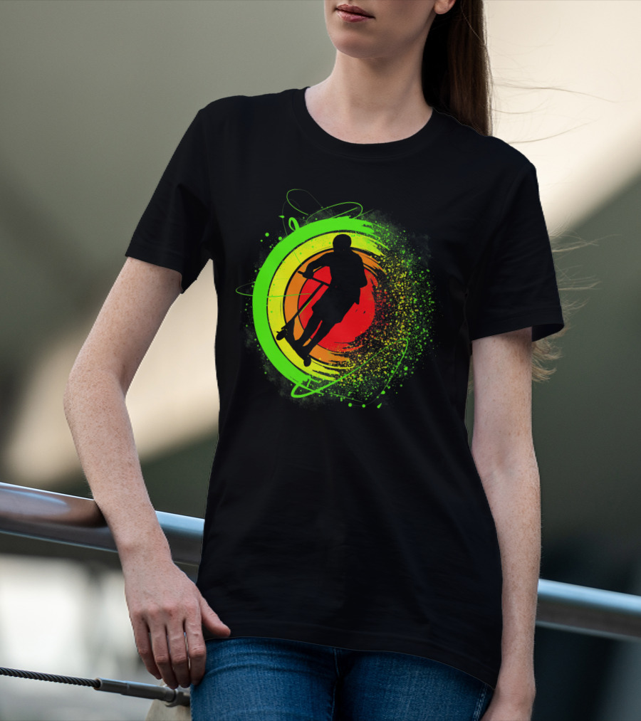 Scooter Stunt Action Silhouette In Vivid Circular Splash T-Shirt