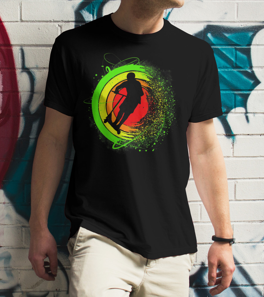 Scooter Stunt Action Silhouette In Vivid Circular Splash T-Shirt