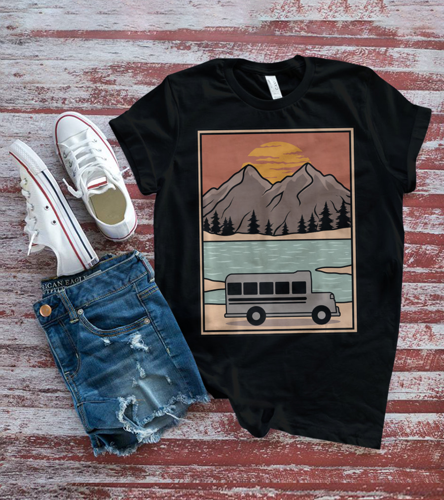 Vintage Skoolie Bus Conversion Scenic Mountain Lake Sunset T-Shirt