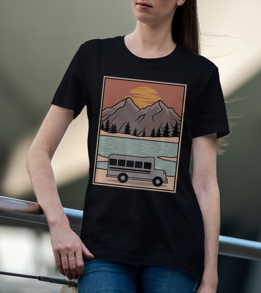 Vintage Skoolie Bus Conversion Scenic Mountain Lake Sunset T-Shirt