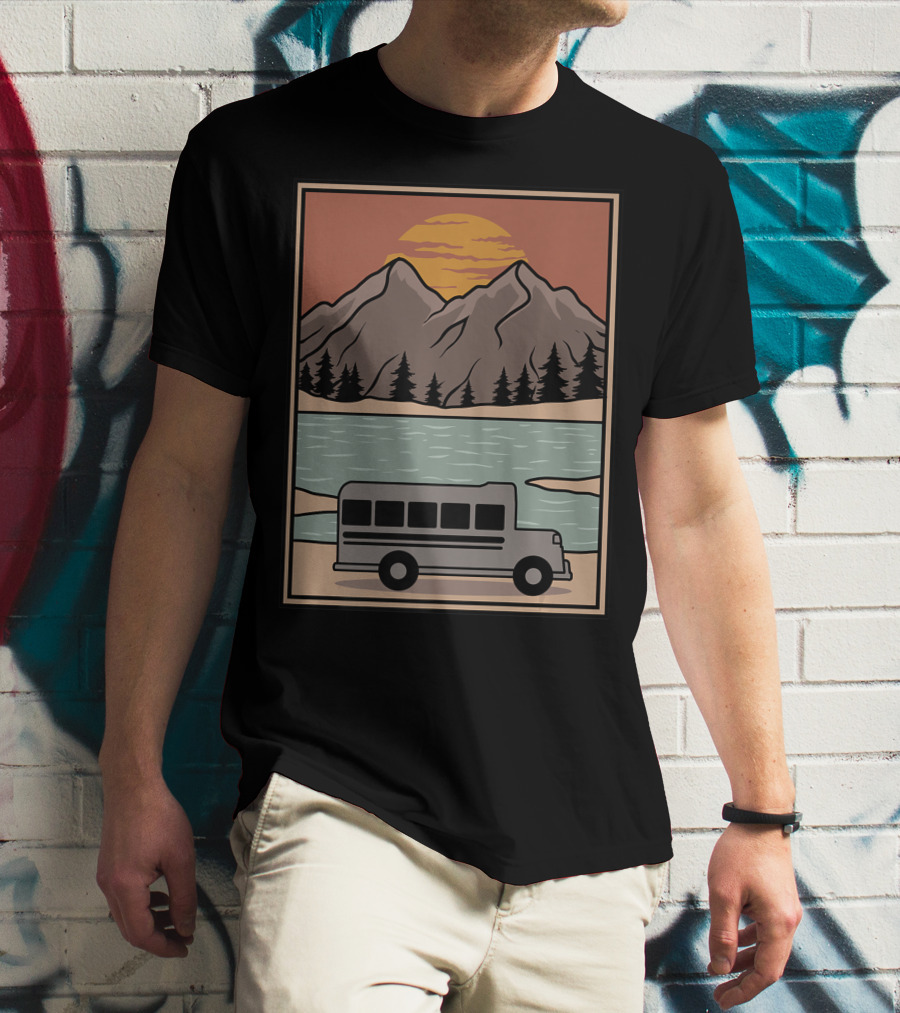 Vintage Skoolie Bus Conversion Scenic Mountain Lake Sunset T-Shirt