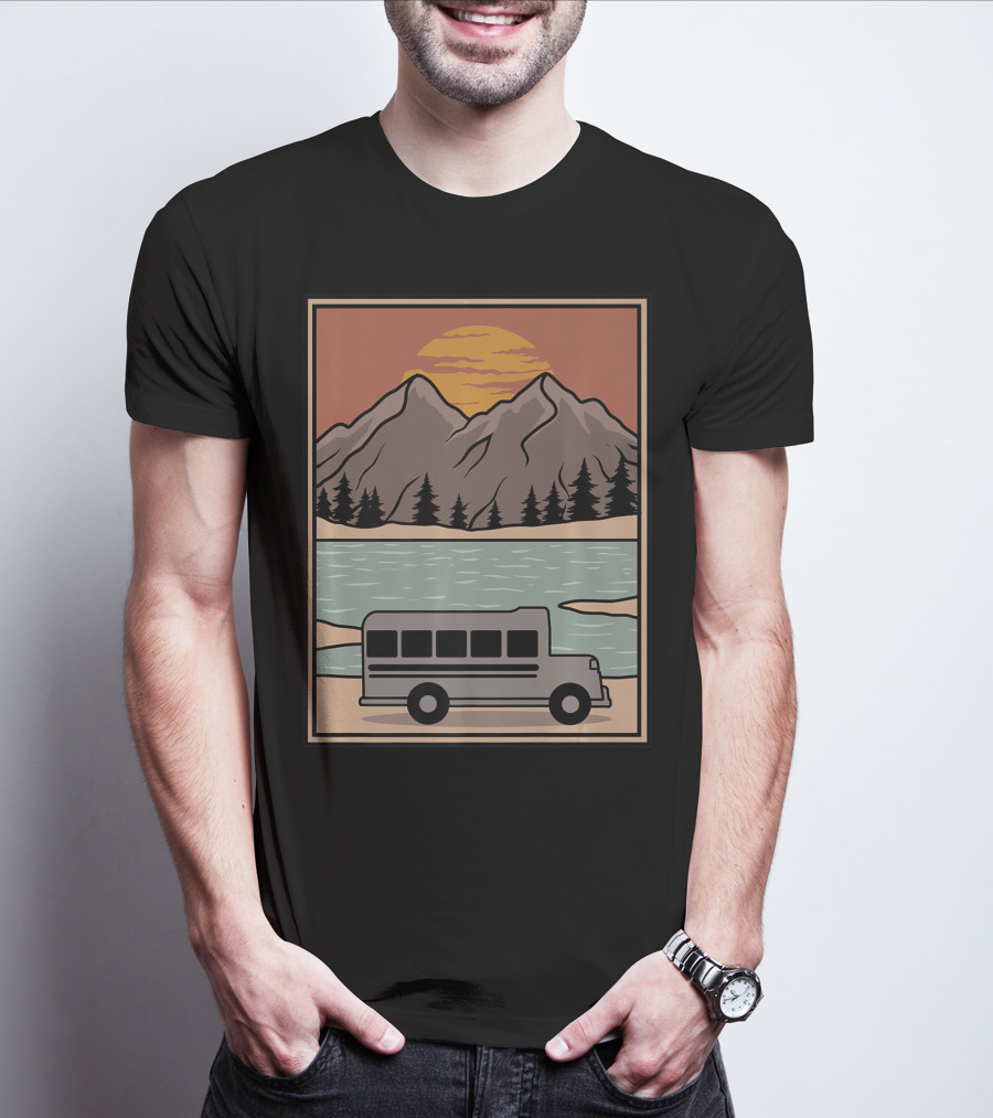 Vintage Skoolie Bus Conversion Scenic Mountain Lake Sunset T-Shirt