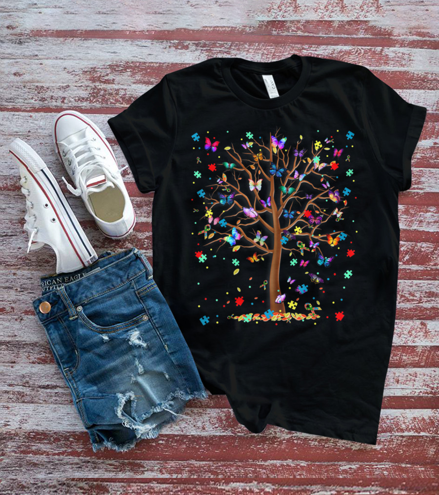 Tree Of Life Autism Support With Colorful Butterflies And Puzzle Pieces T-Shirt