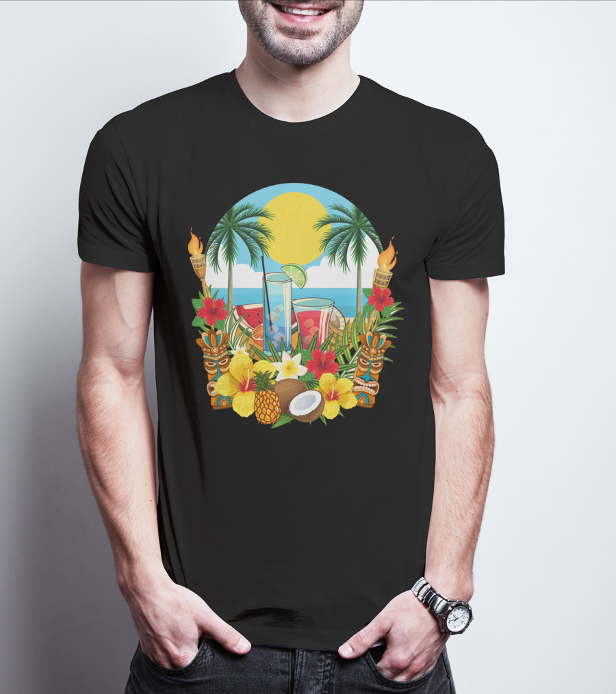Tropical Sunset With Palm Trees And Exotic Drinks Amidst Tiki Torches And Hibiscus Flowers T-Shirt