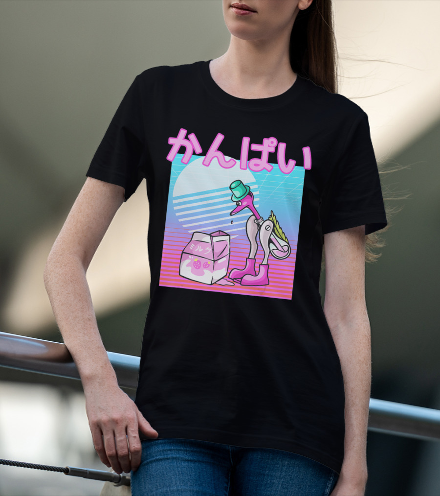 Vaporwave Strawberry Milk Kanpai Drinking Bird Toy Japanese T-Shirt