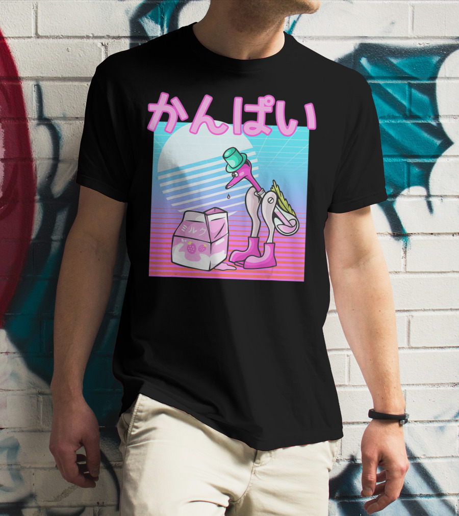 Vaporwave Strawberry Milk Kanpai Drinking Bird Toy Japanese T-Shirt