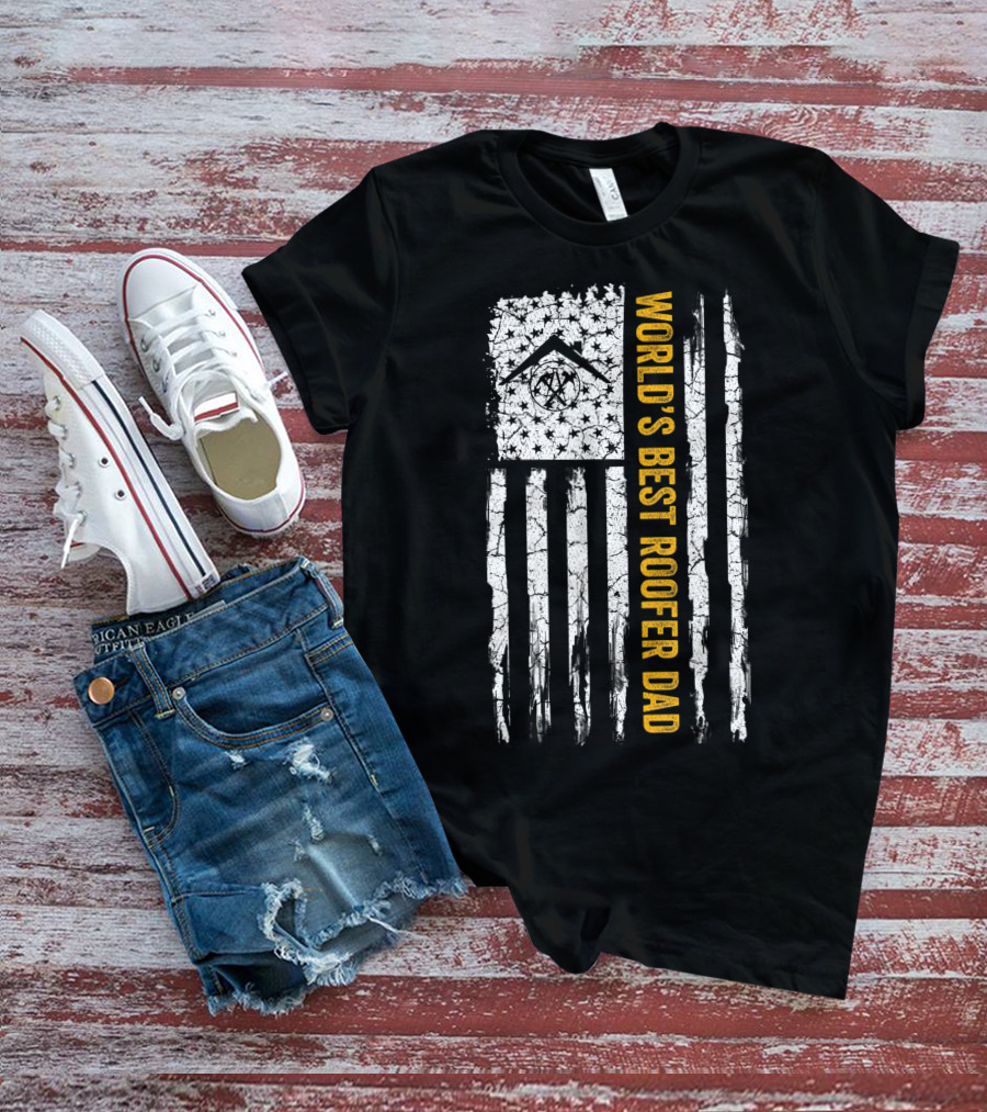 World's Best Roofer Dad Vintage USA American Flag Roofing T-Shirt