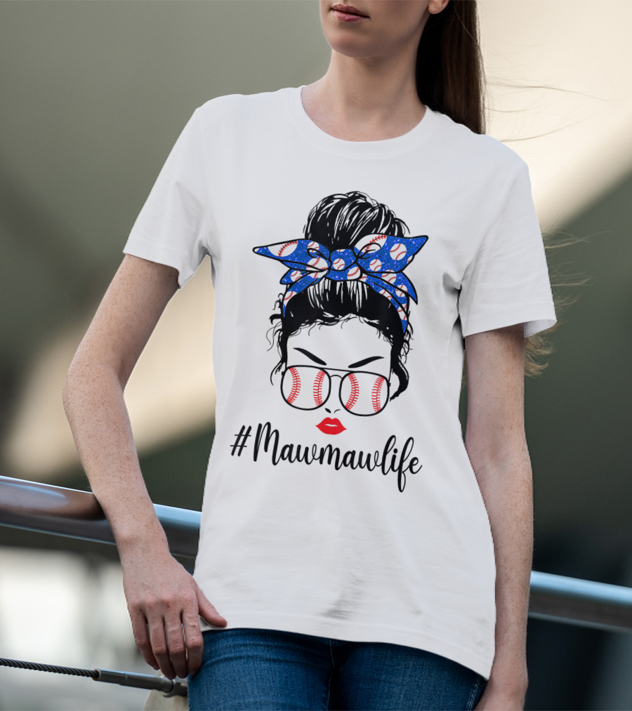 Mawmawlife Softball Baseball Messy Bun Glasses T-Shirt