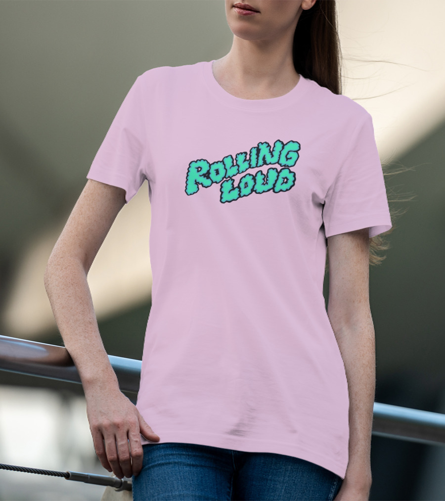 Rolling Loud Puffy Text Design On Pastel Pink Background T-Shirt