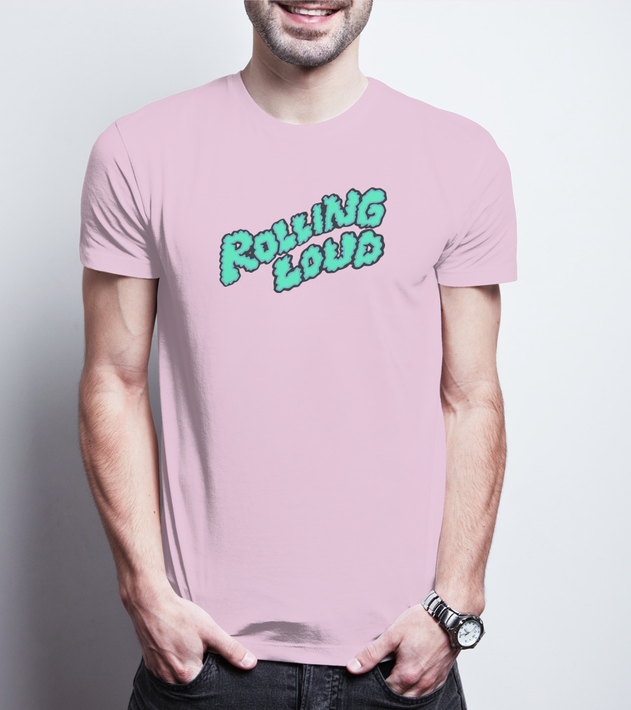 Rolling Loud Puffy Text Design On Pastel Pink Background T-Shirt