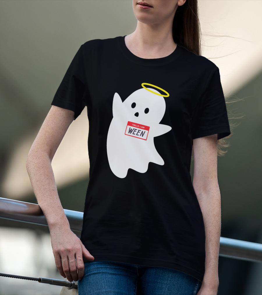 Wholesome Hallo I Am Ween Ghost With Halo And Nametag T-Shirt