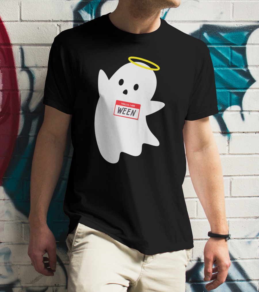 Wholesome Hallo I Am Ween Ghost With Halo And Nametag T-Shirt