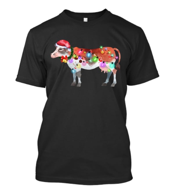 Christmas Lights Santa Hat Cow Festive Holiday T-Shirt