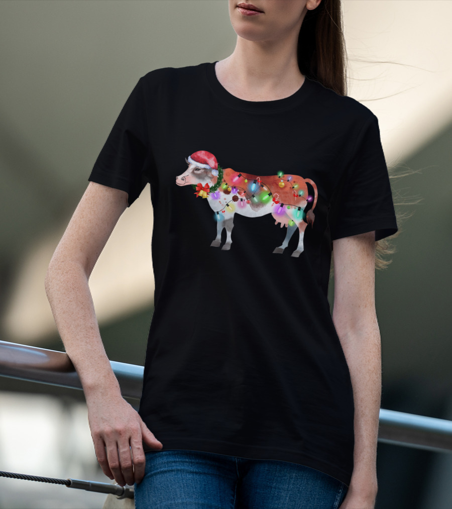 Christmas Lights Santa Hat Cow Festive Holiday T-Shirt