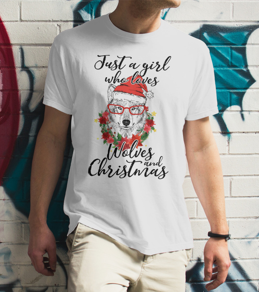 Girl's Love For Wolves And Christmas Santa Hat And Glasses T-Shirt