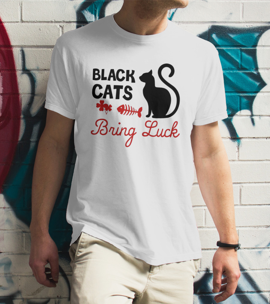 Black Cats Bring Luck Shamrock And Fishbone Icon Holiday Present T-Shirt