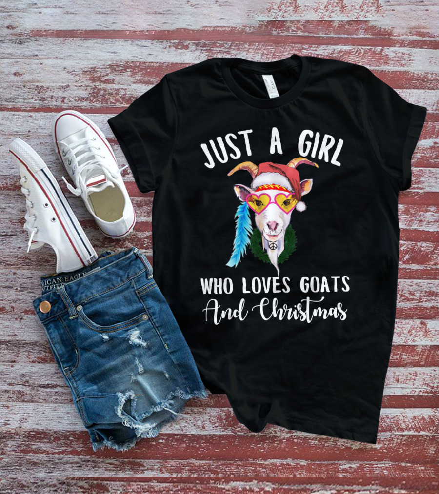 Just A Girl Who Loves Goats And Christmas With Santa Hat Peace Sign Glasses T-Shirt