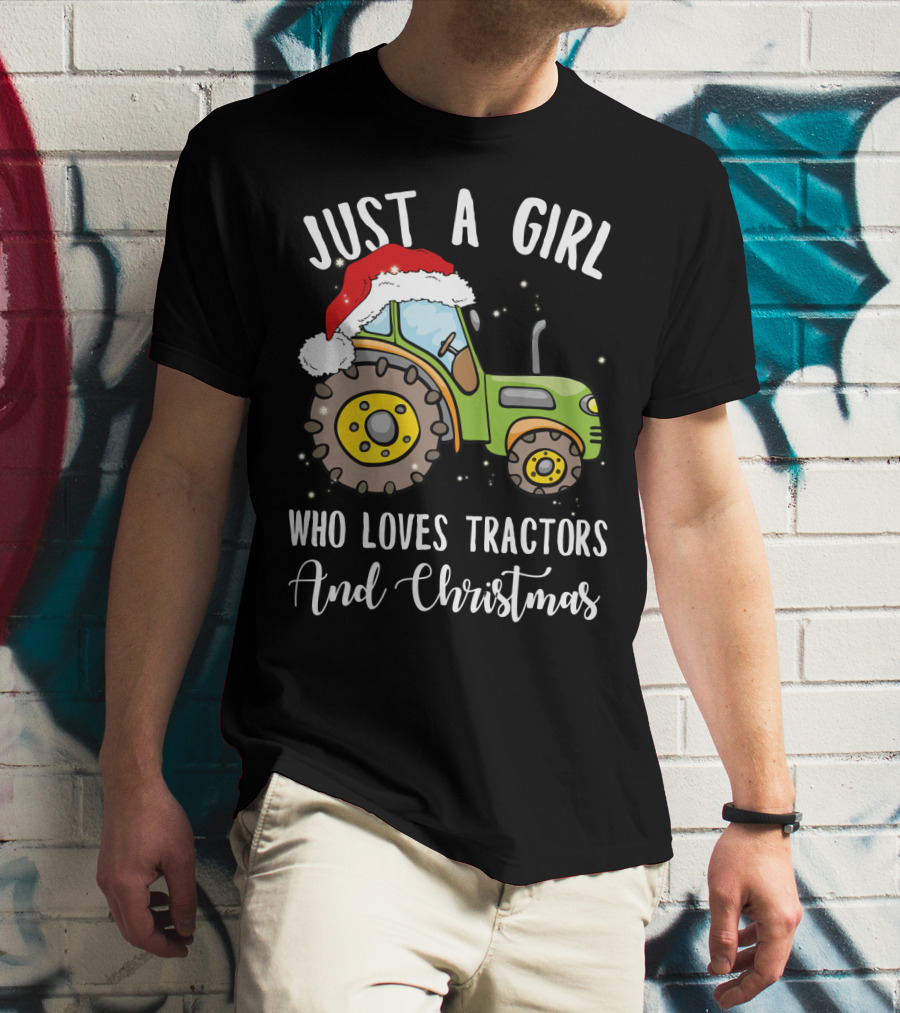 Just A Girl Who Loves Tractors And Christmas With Santa Hat T-Shirt