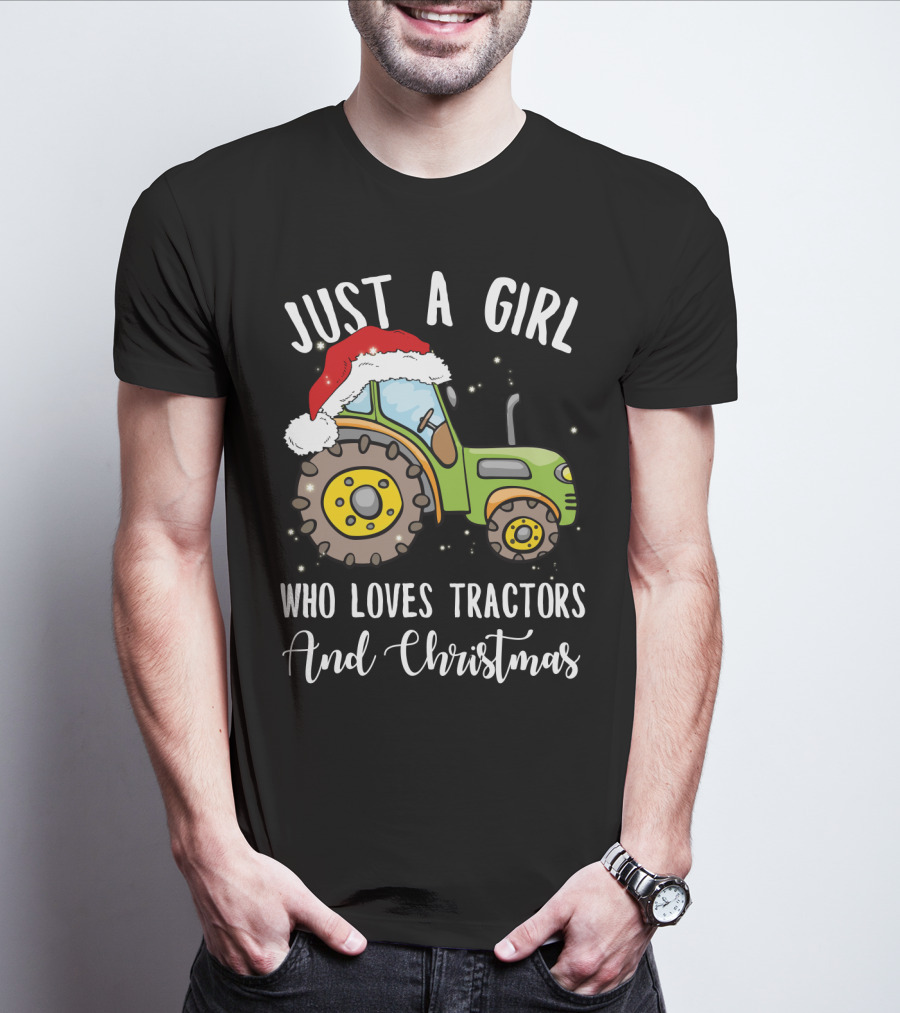Just A Girl Who Loves Tractors And Christmas With Santa Hat T-Shirt