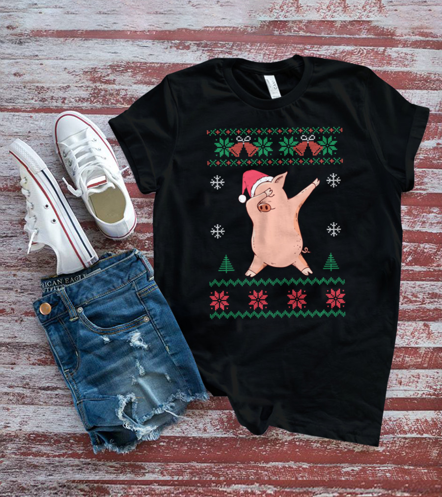 Pigs Dabbing Santa Hat Ugly Christmas Sweater Snowflake Festive T-Shirt