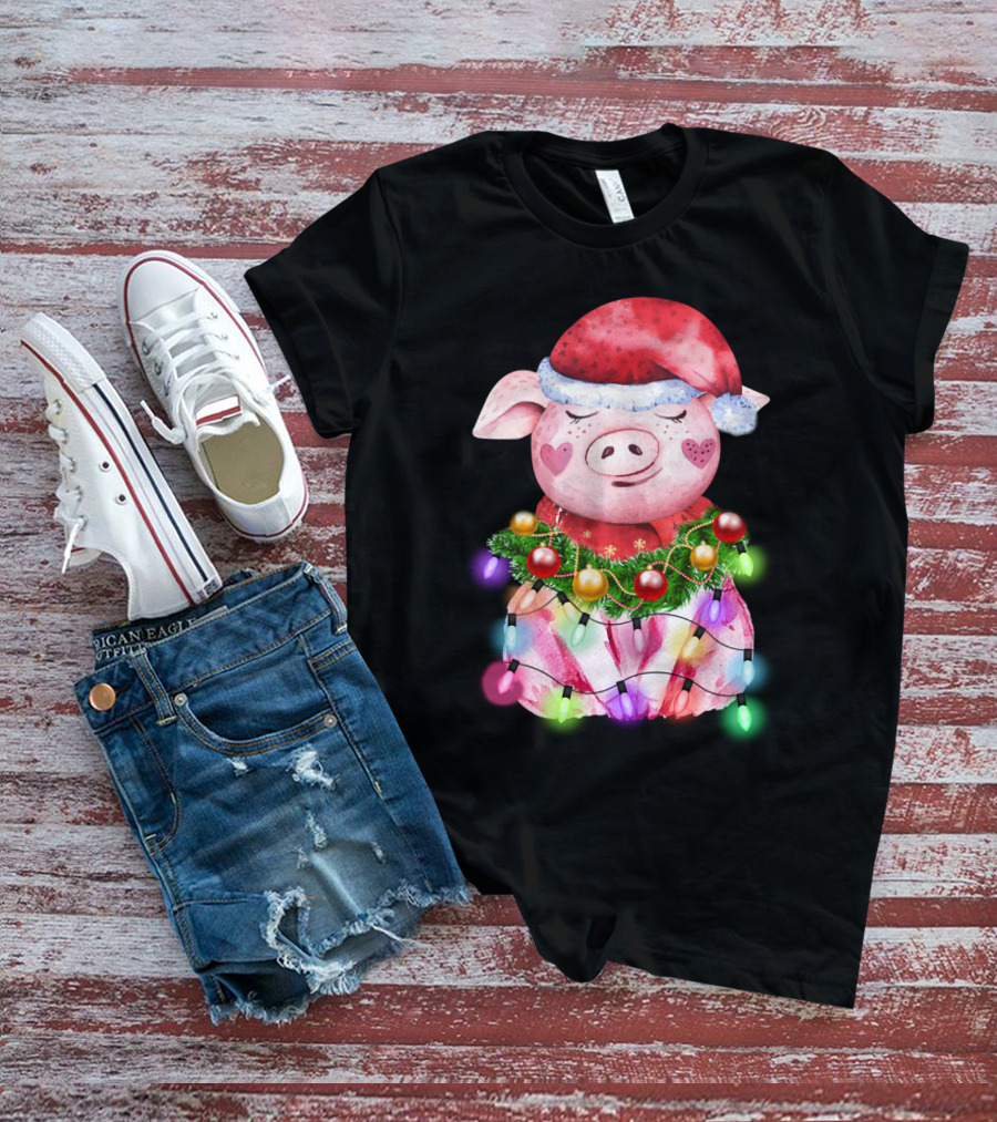 Santa Hat Heart Cheek Pink Pig Wrapped In Christmas Lights T-Shirt