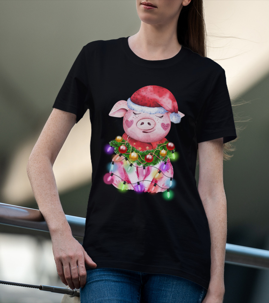 Santa Hat Heart Cheek Pink Pig Wrapped In Christmas Lights T-Shirt