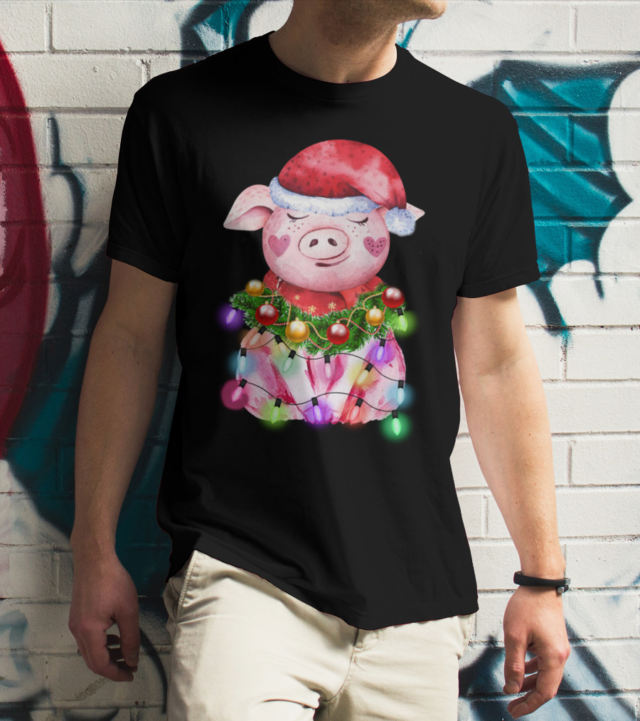 Santa Hat Heart Cheek Pink Pig Wrapped In Christmas Lights T-Shirt