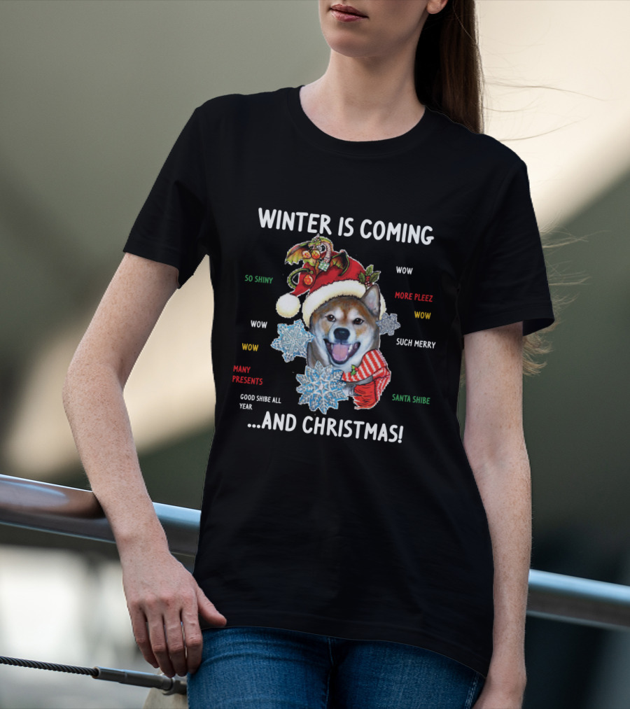 Winter Is Coming Shiba Inu Christmas Wow Santa Shibe Many Presents Such Merry T-Shirt
