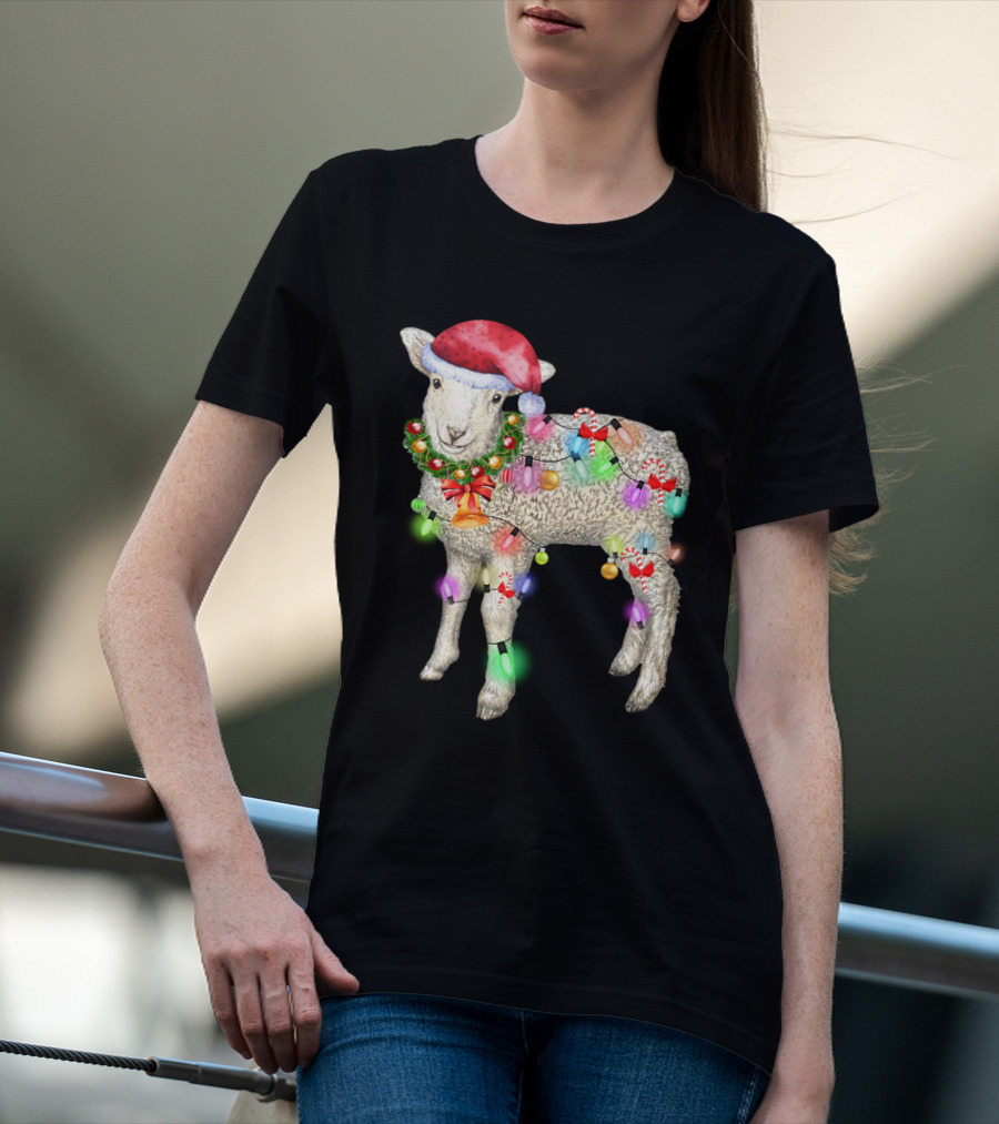 Christmas Sheep With Santa Hat And Holiday Lights T-Shirt