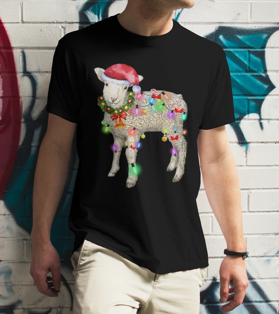 Christmas Sheep With Santa Hat And Holiday Lights T-Shirt