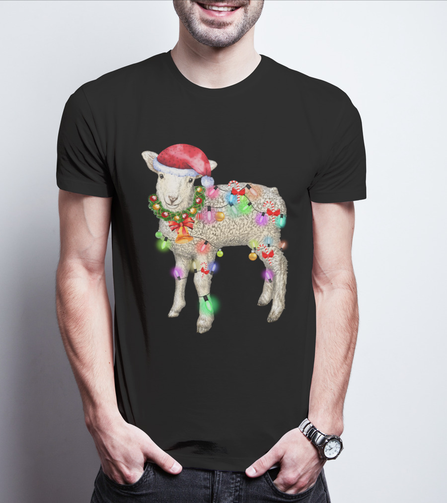 Christmas Sheep With Santa Hat And Holiday Lights T-Shirt