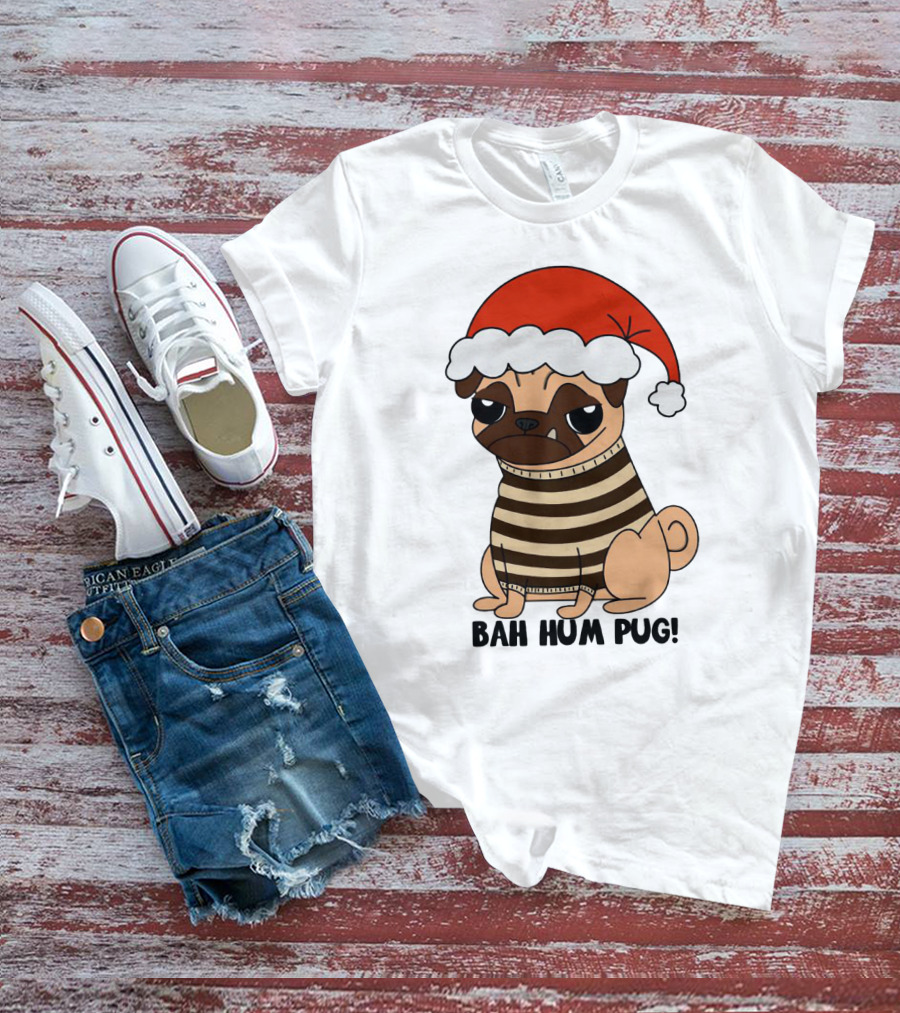 Bah Hum Pug Christmas Santa Hat Grumpy Holiday Pug Stripe T-Shirt