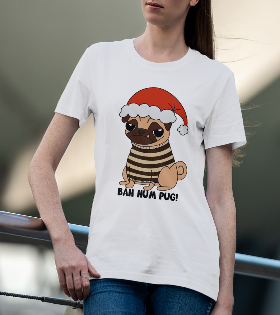 Bah Hum Pug Christmas Santa Hat Grumpy Holiday Pug Stripe T-Shirt