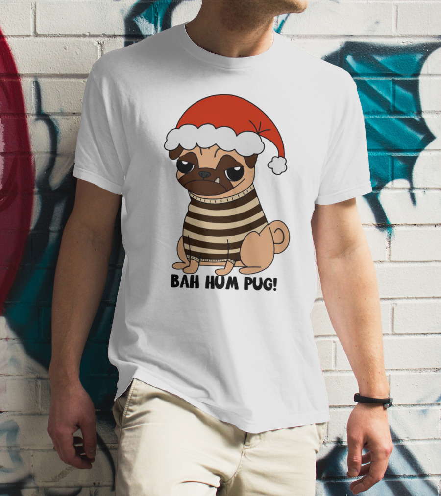 Bah Hum Pug Christmas Santa Hat Grumpy Holiday Pug Stripe T-Shirt