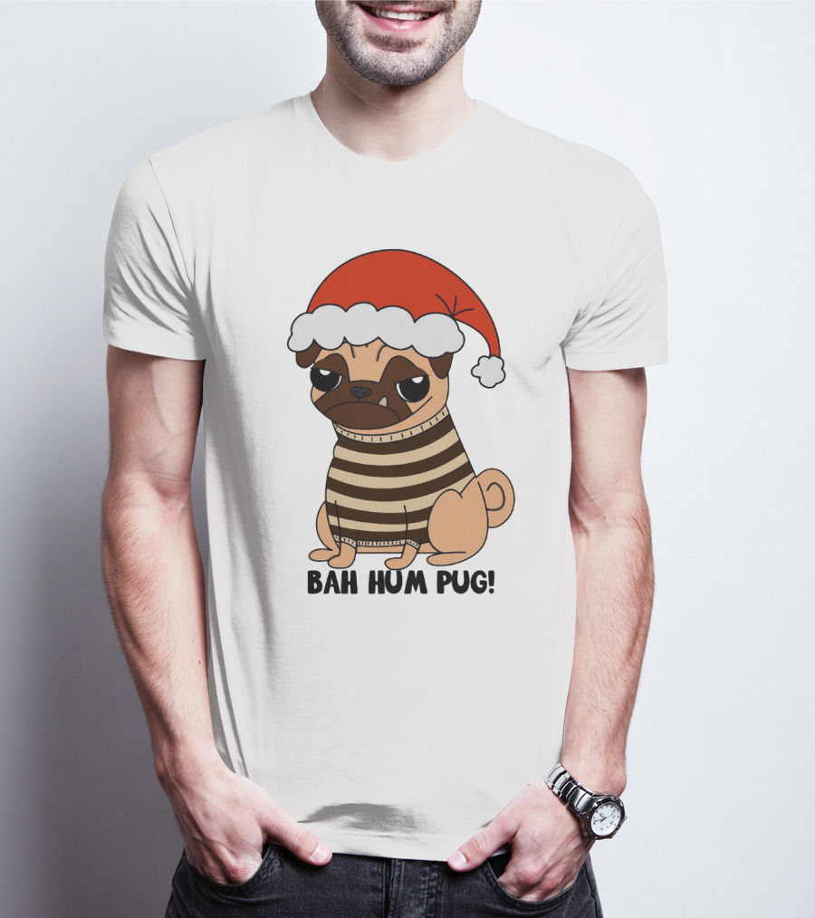 Bah Hum Pug Christmas Santa Hat Grumpy Holiday Pug Stripe T-Shirt