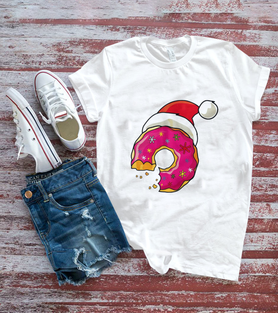 Santa Hat Candy Xmas Donut With Pink Frosting And Stars T-Shirt