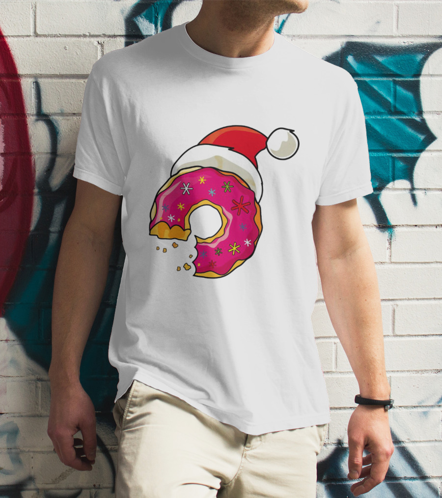 Santa Hat Candy Xmas Donut With Pink Frosting And Stars T-Shirt