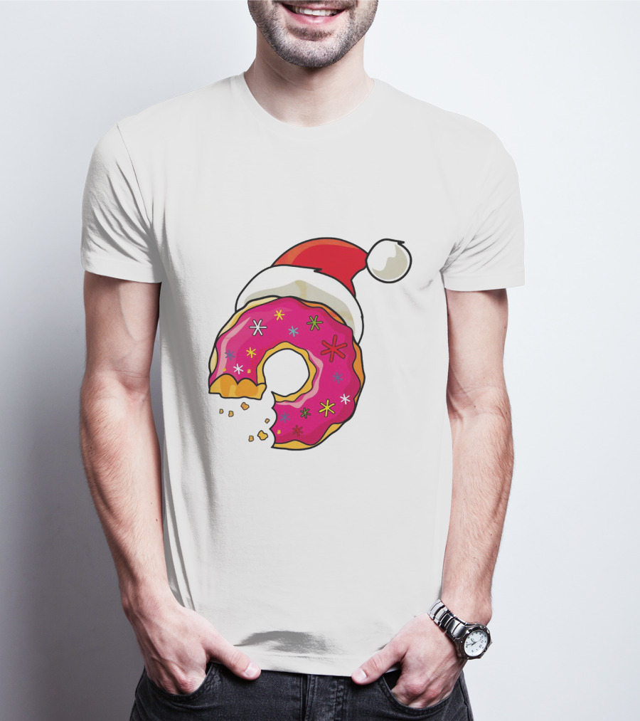 Santa Hat Candy Xmas Donut With Pink Frosting And Stars T-Shirt