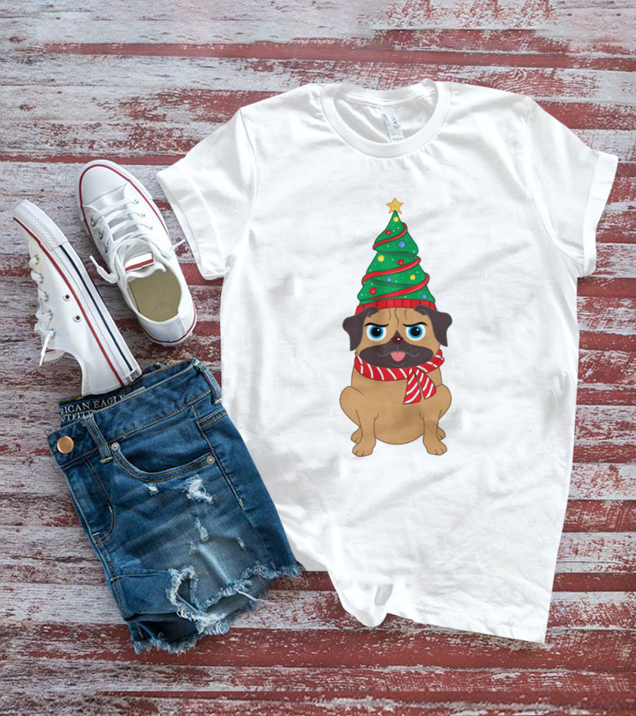 Snuggly Pug With Christmas Tree Hat And Festive Scarf Holiday T-Shirt